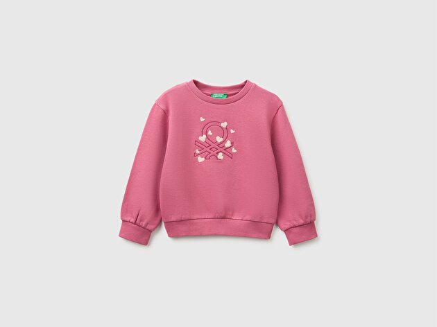 Benetton Kız Bebek Fuşya Önü İşlemeli Uzun Kollu Bisiklet Yaka Sweatshirt