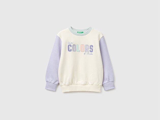 Benetton Kız Bebek Krem Önü İşlemeli Uzun Kollu Bisiklet Yaka Sweatshirt