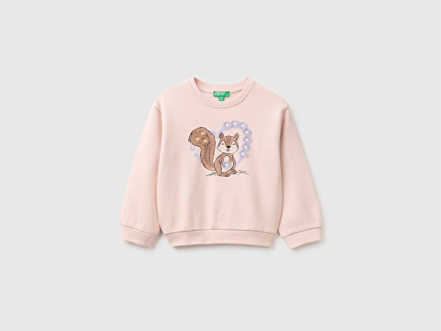 Benetton Kız Bebek Pudra Önü İşlemeli Uzun Kollu Bisiklet Yaka Sweatshirt