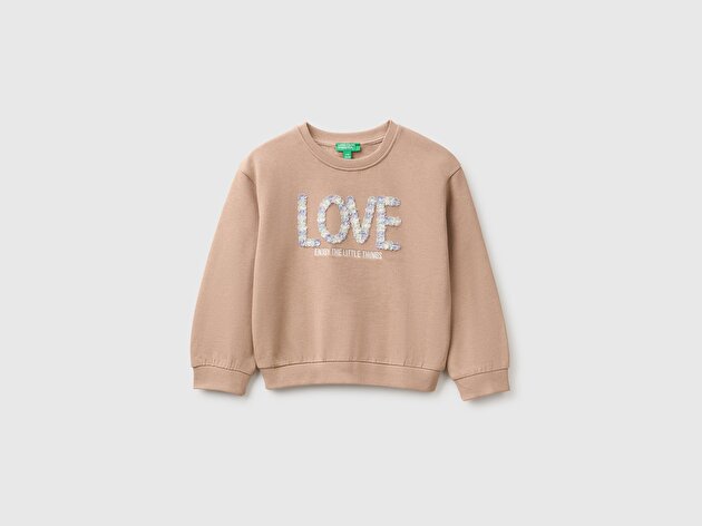 Benetton Kız Bebek Sütlü Kahve Önü İşlemeli Uzun Kollu Bisiklet Yaka Sweatshirt