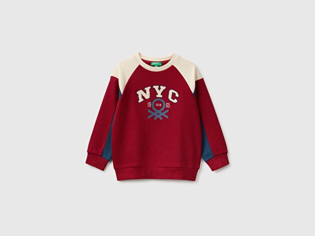 Benetton Erkek Bebek Kırmızı Önü İşlemeli Ribanalı Renk Bloklu Bisiklet Yaka Sweatshirt