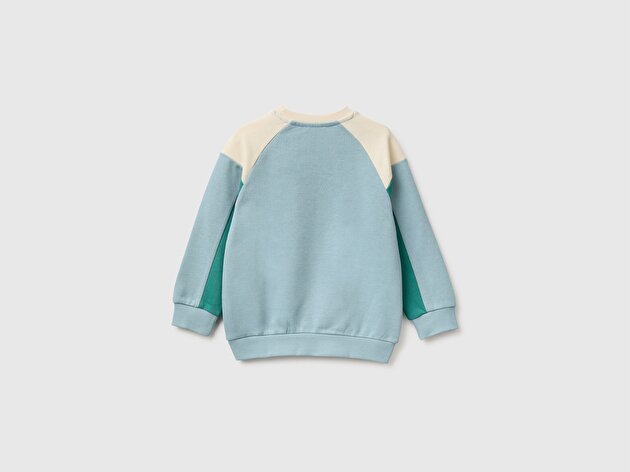 Benetton Erkek Bebek Mavi Mix Önü İşlemeli Ribanalı Renk Bloklu Bisiklet Yaka Sweatshirt