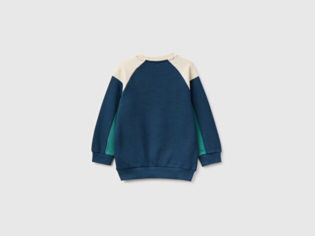 Benetton Erkek Bebek Lacivert Önü İşlemeli Ribanalı Renk Bloklu Bisiklet Yaka Sweatshirt