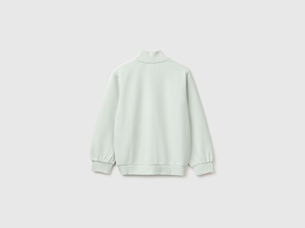 Benetton Kız Bebek Su Yeşili Önü İşlemeli Ribanalı Boğazlı Fermuarlı Dik Yaka Sweatshirt