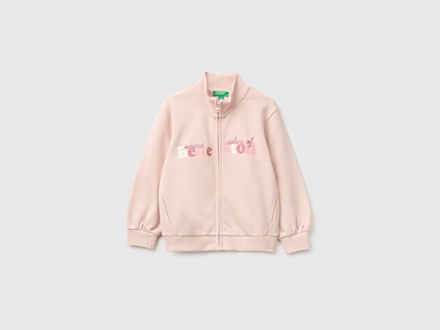 Benetton Kız Bebek Pudra Önü İşlemeli Ribanalı Boğazlı Fermuarlı Dik Yaka Sweatshirt