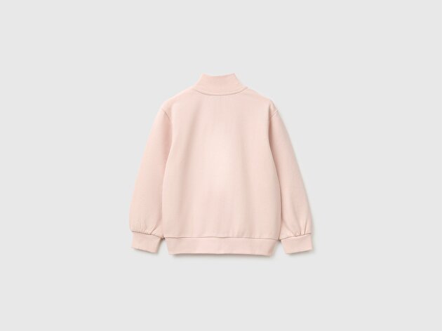 Benetton Kız Bebek Pudra Önü İşlemeli Ribanalı Boğazlı Fermuarlı Dik Yaka Sweatshirt