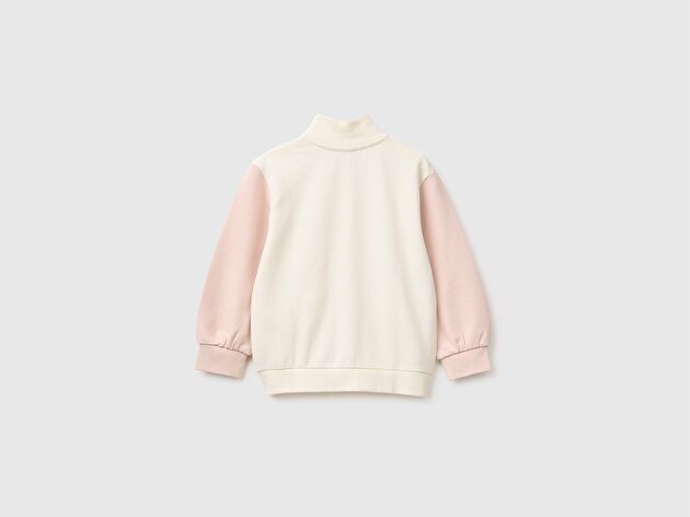 Benetton Kız Bebek Krem Önü İşlemeli Ribanalı Boğazlı Fermuarlı Dik Yaka Sweatshirt