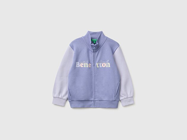 Benetton Kız Bebek Mor Önü İşlemeli Ribanalı Boğazlı Fermuarlı Dik Yaka Sweatshirt