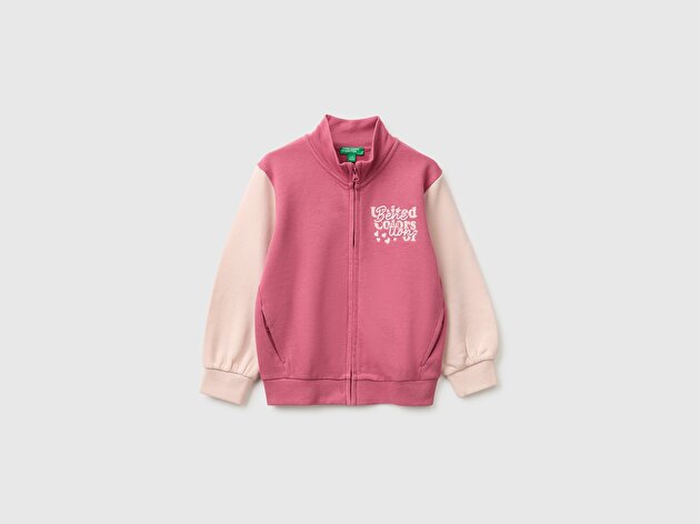 Benetton Kız Bebek Fuşya Önü İşlemeli Ribanalı Boğazlı Fermuarlı Dik Yaka Sweatshirt