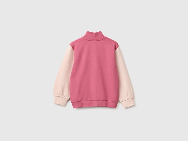 Benetton Kız Bebek Fuşya Önü İşlemeli Ribanalı Boğazlı Fermuarlı Dik Yaka Sweatshirt