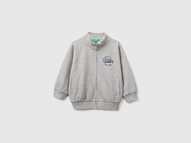 Benetton Erkek Bebek Gri Melanj Önü İşlemeli Ribanalı Boğazlı Fermuarlı Dik Yaka Sweatshirt