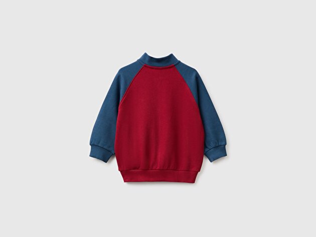 Benetton Erkek Bebek Navy Blue Önü İşlemeli Ribanalı Boğazlı Fermuarlı Dik Yaka Sweatshirt