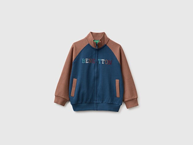 Benetton Erkek Bebek Lacivert Önü İşlemeli Ribanalı Boğazlı Fermuarlı Dik Yaka Sweatshirt