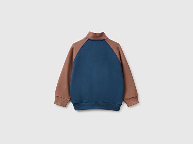 Benetton Erkek Bebek Lacivert Önü İşlemeli Ribanalı Boğazlı Fermuarlı Dik Yaka Sweatshirt