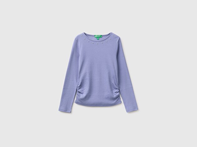 Benetton Kız Çocuk Mor Yanı Büzgülü Taş Detaylı Uzun Kollu Tişört