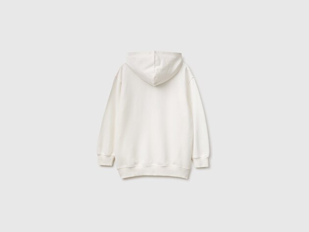 Benetton Erkek Çocuk Beyaz Önü Snoopy Baskılı Oversize Uzun Kollu Kapüşonlu Sweatshirt