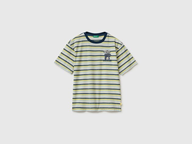 Benetton Erkek Çocuk Yeşil Mix İşlemeli Çizgili Kısa Kollu Tişört