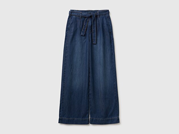 Benetton Kız Çocuk Koyu Denim Bol Paça Denim Kemerli Pantolon