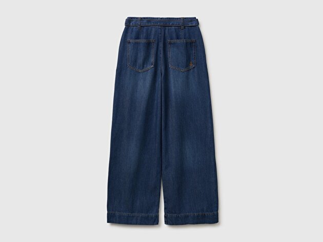 Benetton Kız Çocuk Koyu Denim Bol Paça Denim Kemerli Pantolon