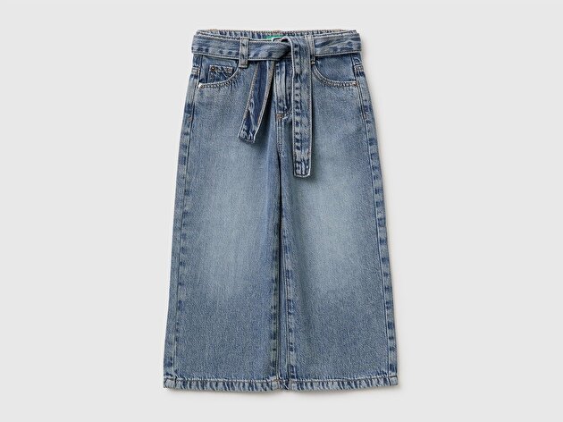 Benetton Kız Bebek Açık Denim Bol Paça Denim Düğmeli Kemerli Pantolon