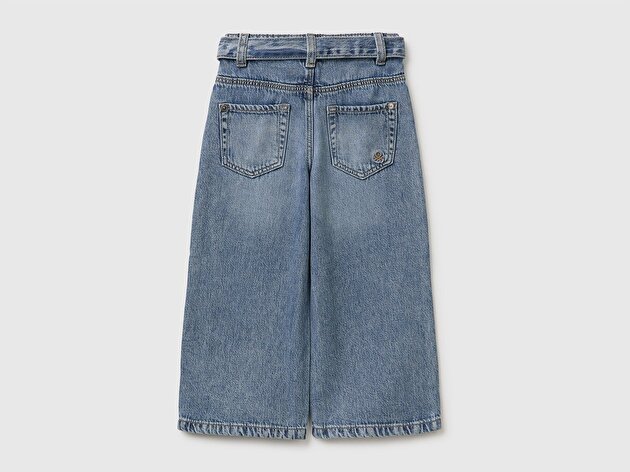 Benetton Kız Bebek Açık Denim Bol Paça Denim Düğmeli Kemerli Pantolon