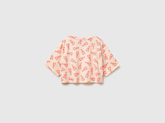 Benetton Kız Çocuk Turuncu Tamamı Baskı Detaylı Oversize Crop T-Shirt