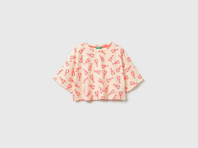 Benetton Kız Çocuk Turuncu Tamamı Baskı Detaylı Oversize Crop T-Shirt