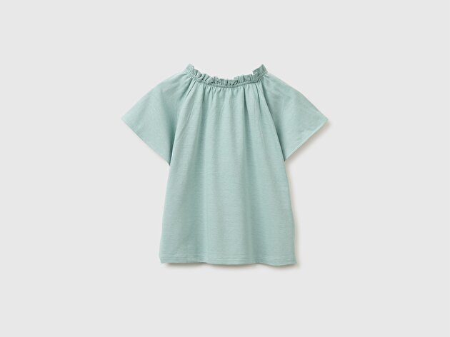 Benetton Kız Bebek Su Yeşili Fırfır Detaylı Kayık Yaka Kısa Kollu Bluz