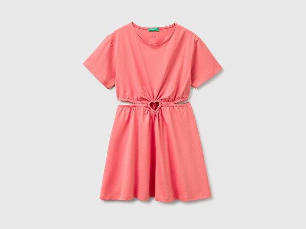 Benetton Kız Çocuk Mercan Beli Kalp Detaylı Kısa Kollu Elbise