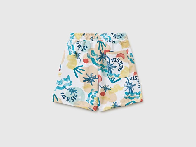 Benetton Erkek Bebek Mavi Mix Logo Etiket Detaylı Komple Baskılı Cepli Bermuda Şort