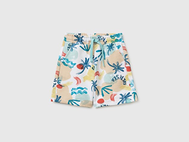 Benetton Erkek Bebek Mavi Mix Logo Etiket Detaylı Komple Baskılı Cepli Bermuda Şort