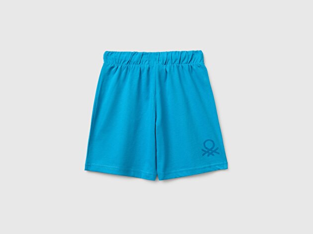 Benetton Erkek Bebek Mavi Arka Bacağı Logo Baskı Detaylı Bermuda Şort 