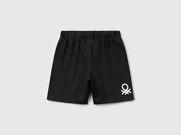 Benetton Erkek Bebek Siyah Arka Bacağı Logo Baskı Detaylı Bermuda Şort 