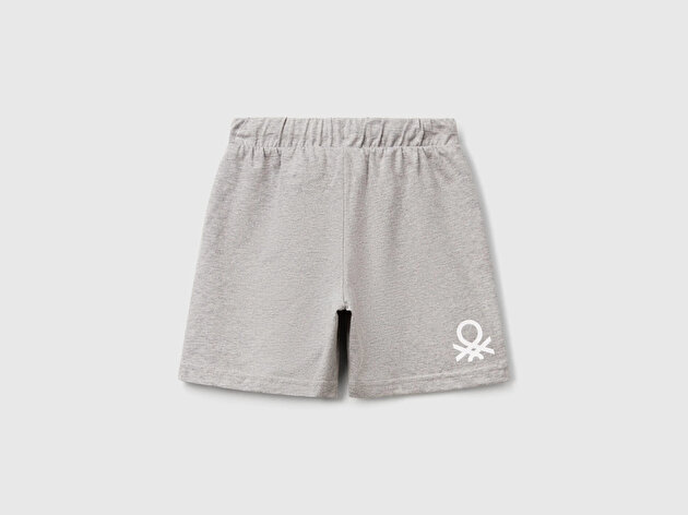 Benetton Erkek Bebek Gri melanj Arka Bacağı Logo Baskı Detaylı Bermuda Şort 