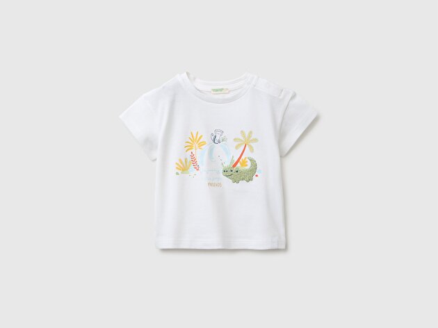 Benetton Bebek Beyaz Gizli Çıtçıt Düğme Detaylı Yuvarlak Yaka T-Shirt