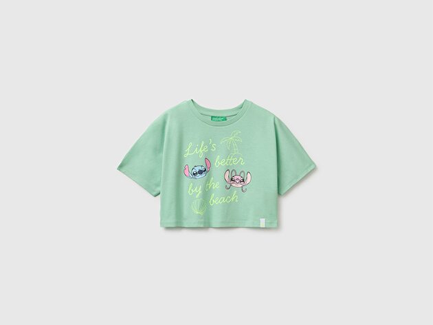 Benetton Kız Çocuk Yeşil Lilo & Stitch Baskı Detaylı Crop T-Shirt