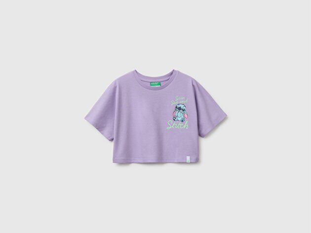 Benetton Kız Çocuk Lila Lilo & Stitch Baskı Detaylı Crop T-Shirt