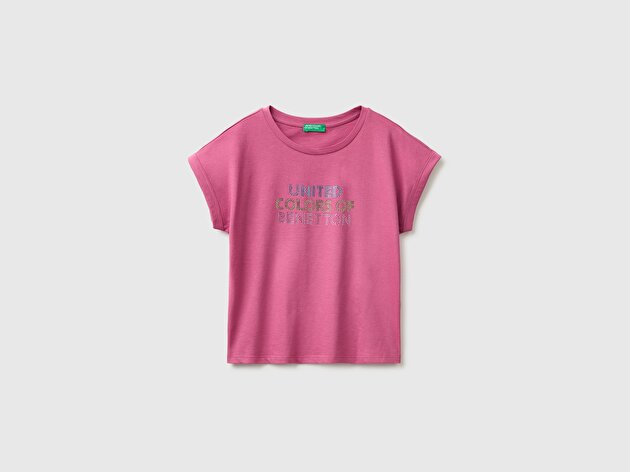 Benetton Kız Çocuk Gül Kurusu Renkli Taş Detaylı Bisiklet Yaka T-Shirt