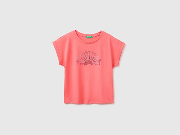 Benetton Kız Çocuk Mercan Renkli Taş Detaylı Bisiklet Yaka T-Shirt