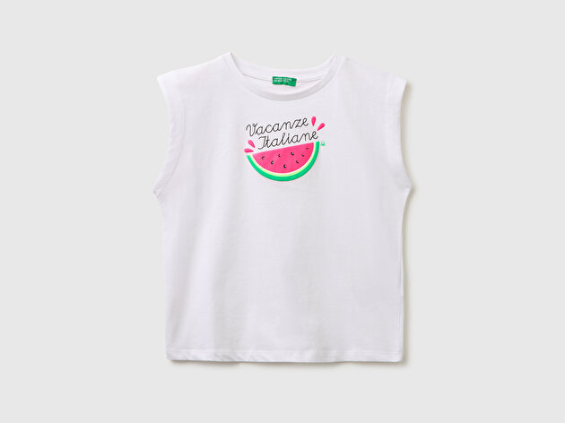 Benetton Kız Çocuk Beyaz Kabarık Baskı Detaylı T-Shirt