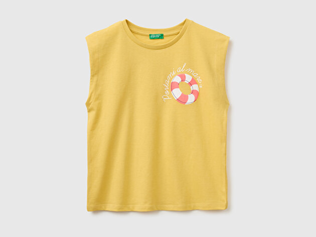 Benetton Kız Çocuk Hardal Sarısı Kabarık Baskı Detaylı T-Shirt