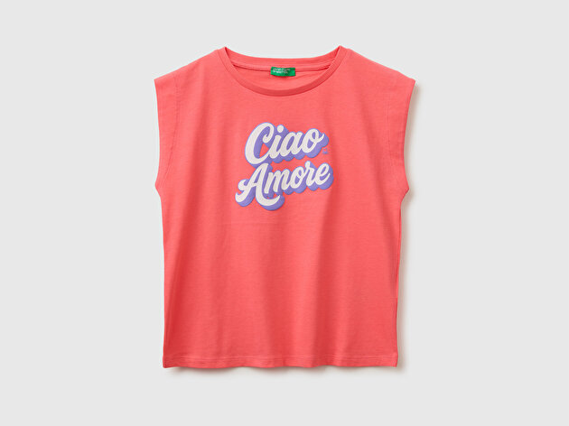 Benetton Kız Çocuk Mercan Kabarık Baskı Detaylı T-Shirt