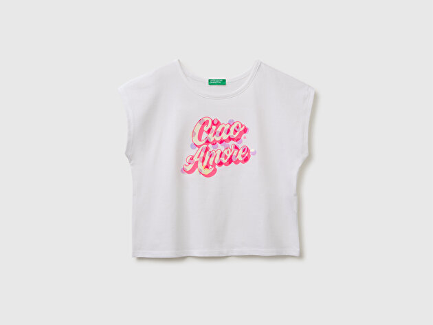 Benetton Kız Çocuk Beyaz Pul Baskı Detaylı Bisiklet Yaka T-Shirt