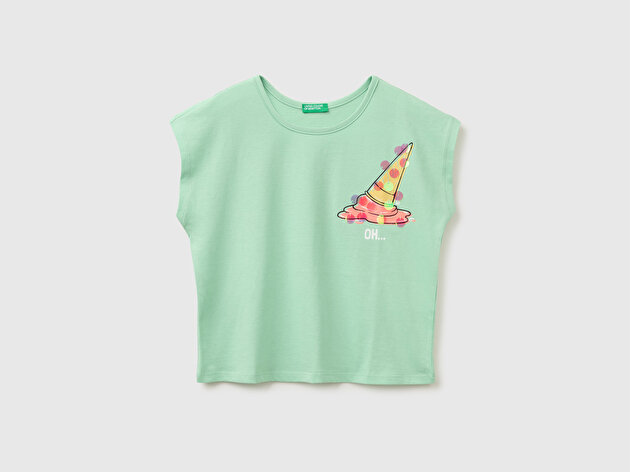 Benetton Kız Çocuk Yeşil Pul Baskı Detaylı Bisiklet Yaka T-Shirt