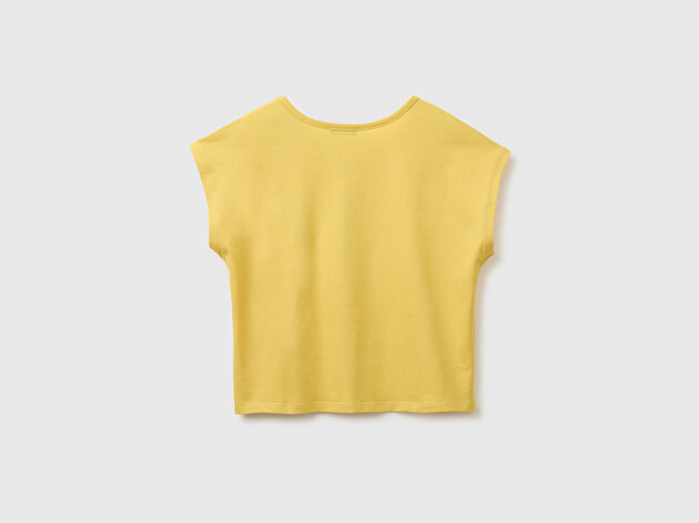 Benetton Kız Çocuk Hardal Sarısı Pul Baskı Detaylı Bisiklet Yaka T-Shirt