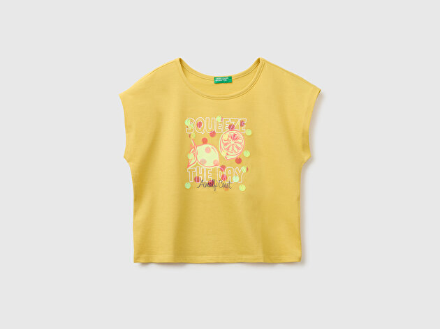 Benetton Kız Çocuk Hardal Sarısı Pul Baskı Detaylı Bisiklet Yaka T-Shirt