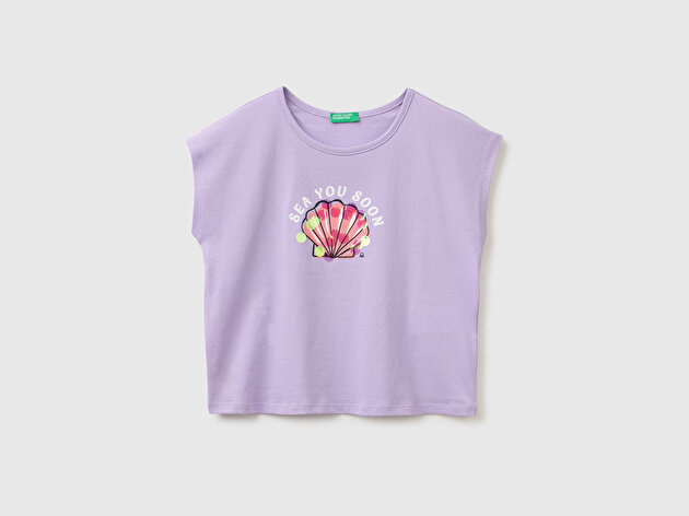 Benetton Kız Çocuk Lila Pul Baskı Detaylı Bisiklet Yaka T-Shirt