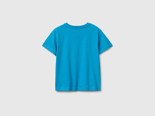 Benetton Erkek Bebek Mavi Önü Su Geçirmez Baskı Detaylı Bisiklet Yaka T-Shirt