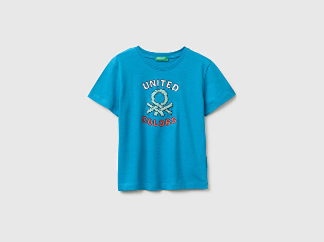 Benetton Erkek Bebek Mavi Önü Su Geçirmez Baskı Detaylı Bisiklet Yaka T-Shirt