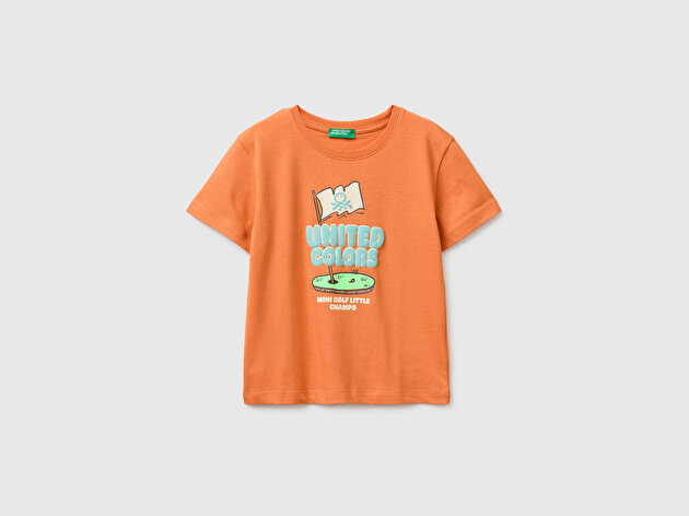 Benetton Erkek Bebek Turuncu Önü Su Geçirmez Baskı Detaylı Bisiklet Yaka T-Shirt